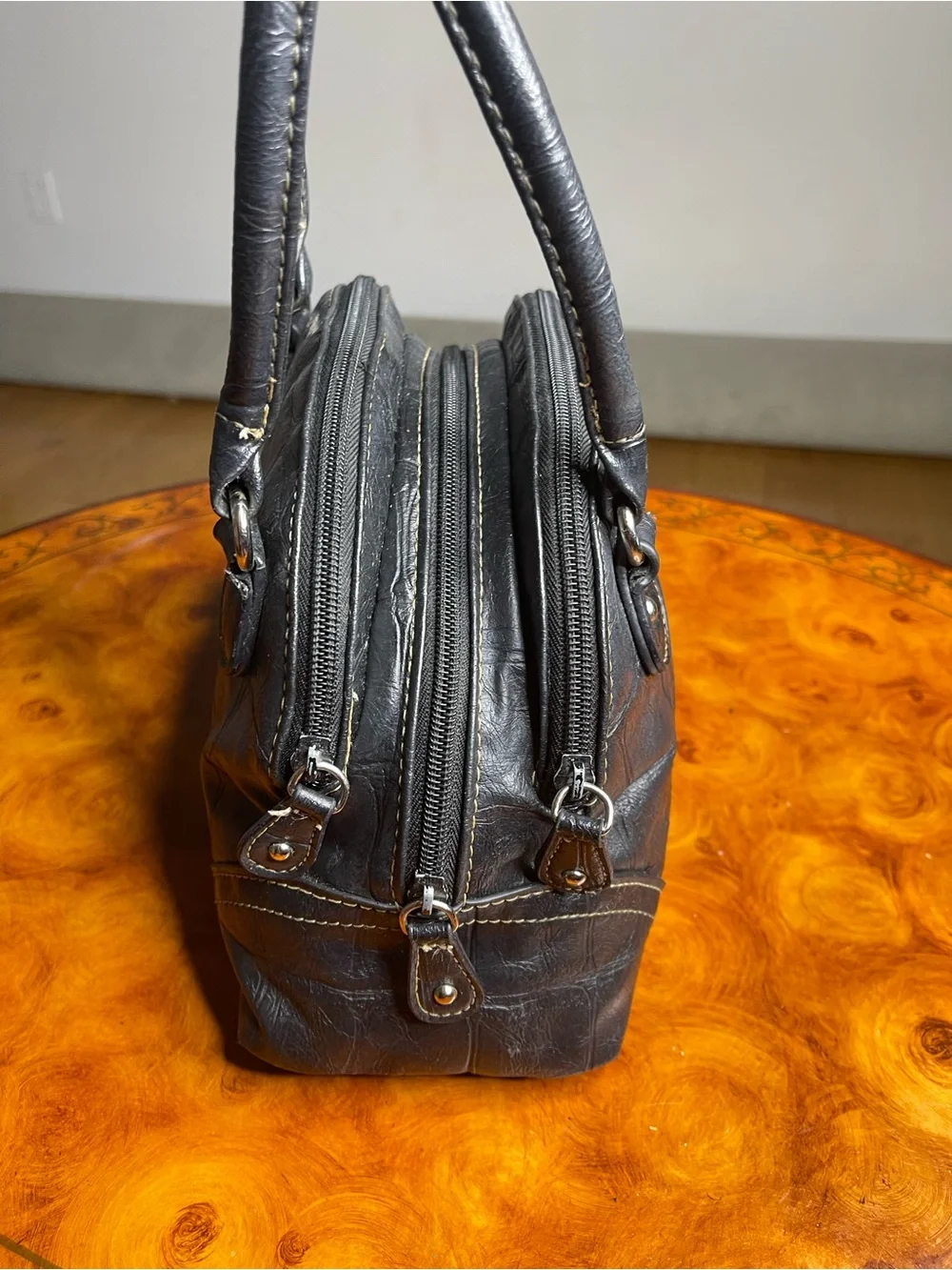 Croc-Embossed Dome Satchel in Black by No Brand
